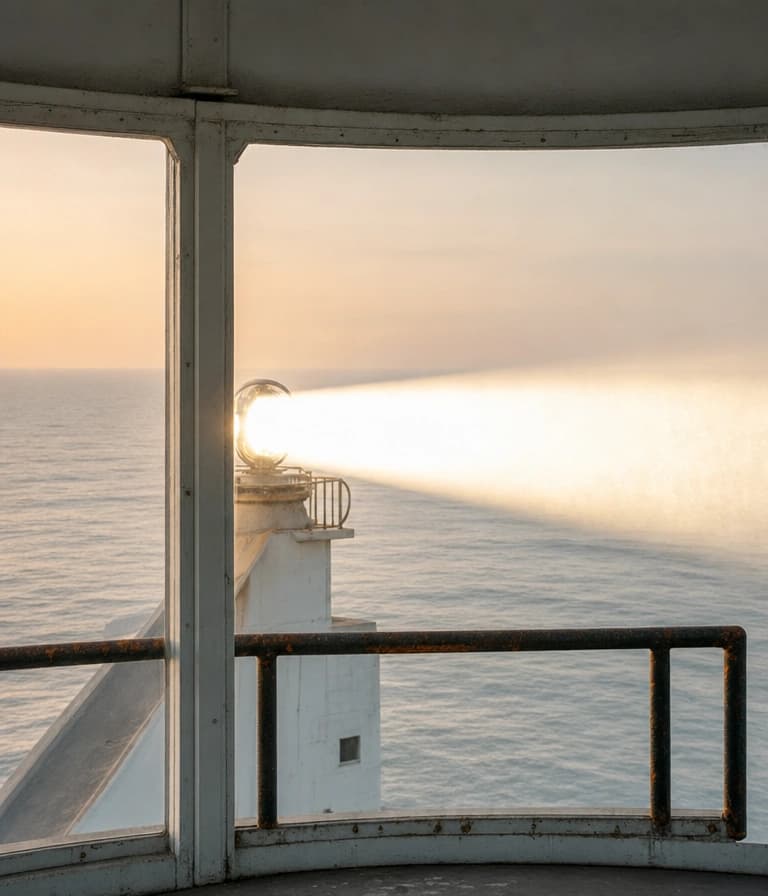 A lighthouse window with a beam of light over the water